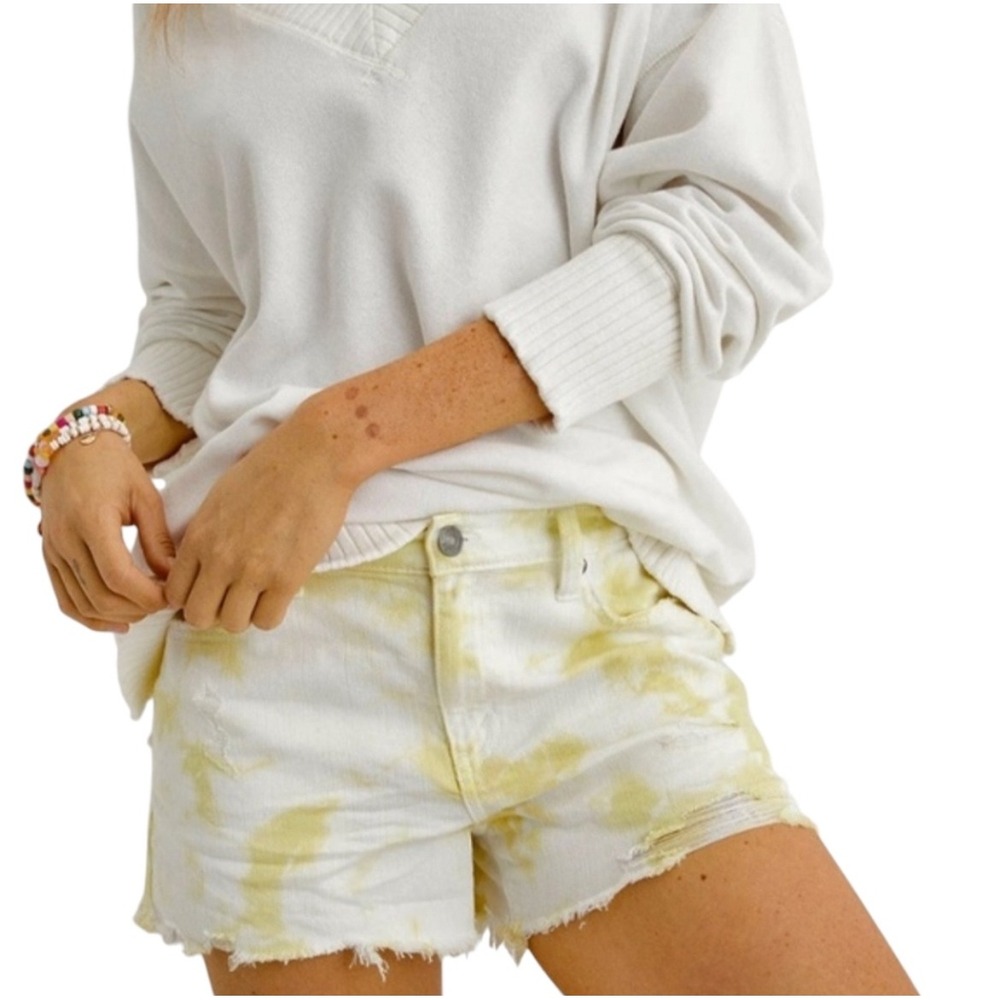 Aerie Yellow White Tie Dye Distressed Denim Shorts High Waisted Raw Hem Womens M
